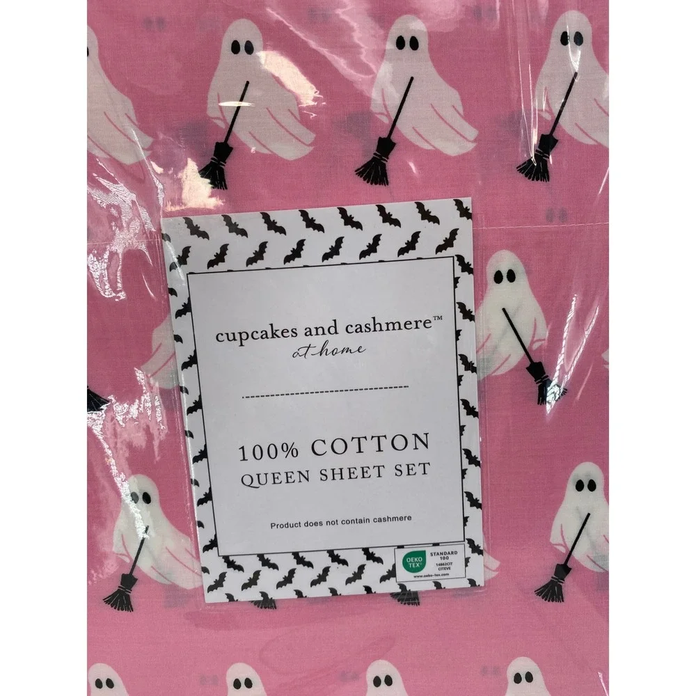 Cupcakes and Cashmere Sheet Set QUEEN Pink Ghost Halloween 100% Cotton Whimsical